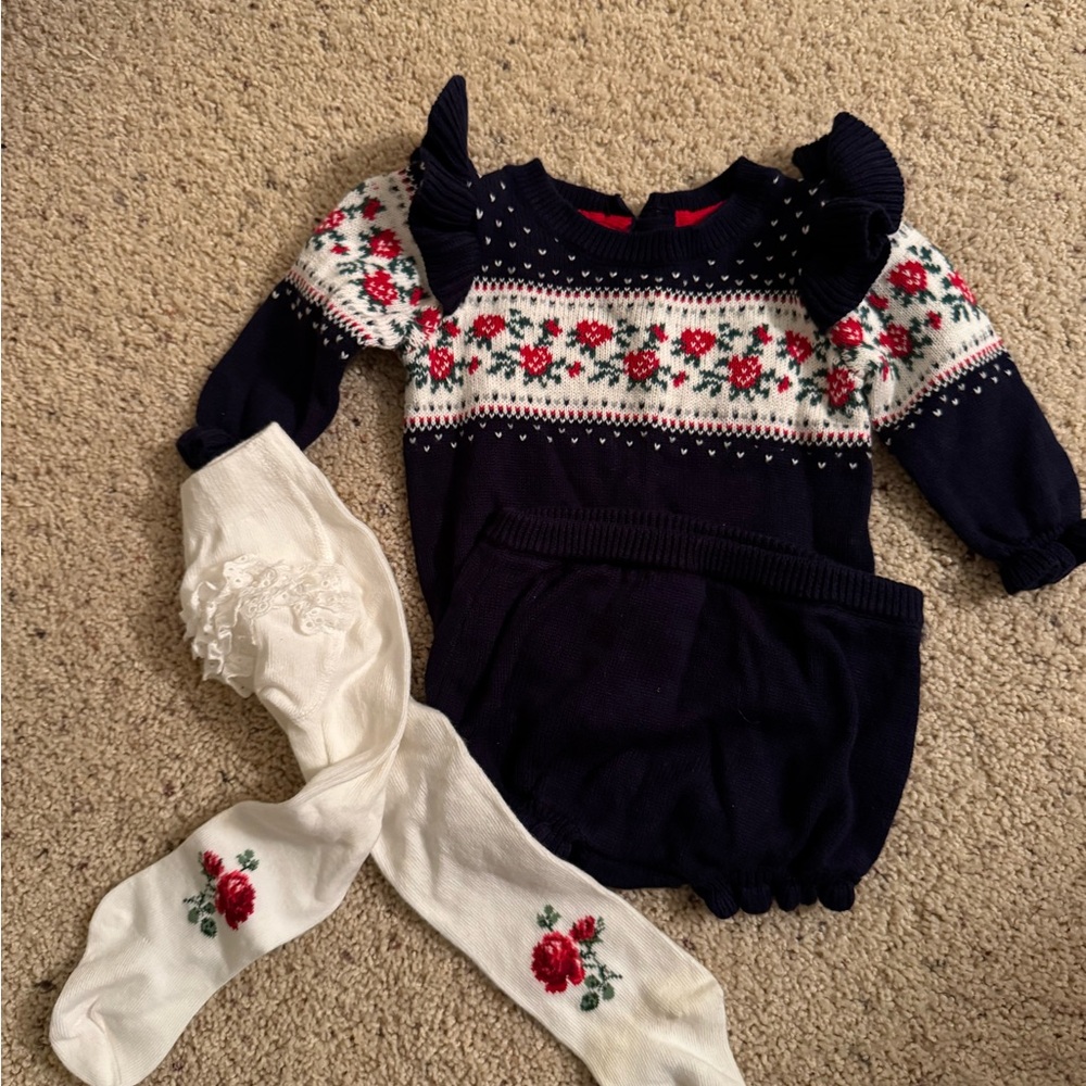 Janie and Jack Navy Floral Knit Baby Outfit with Tights